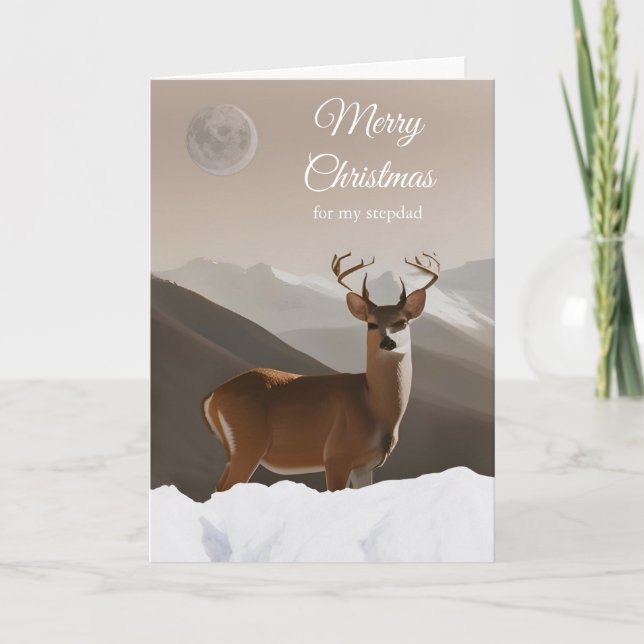 Carte Pour Stepdad Joyeux Noël avec Cerf et Neige (Devant)