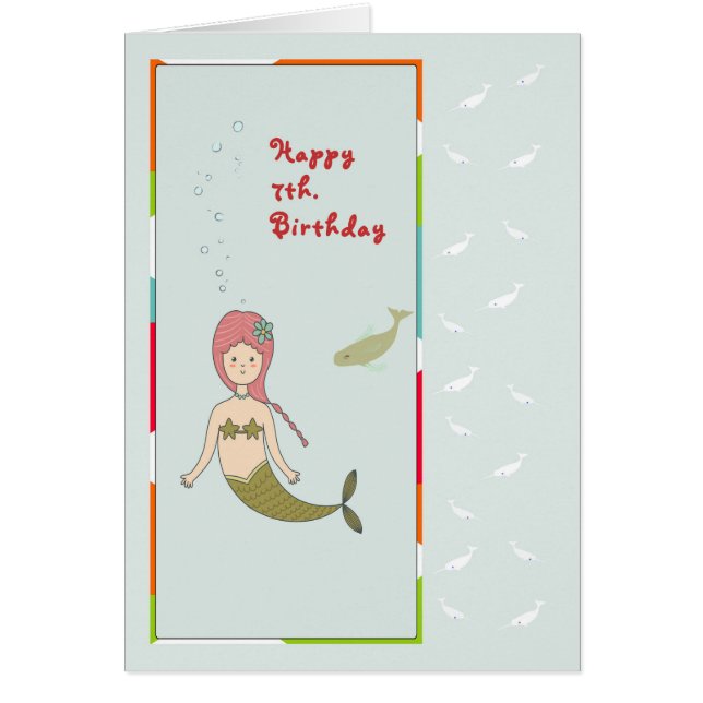 Carte pour un 7ème anniversaire, Sirène avec Poiss (Devant)