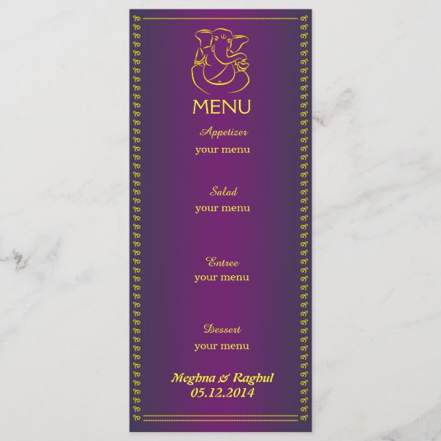 Carte pourpre de menu de mariage indien élégant de (Devant)