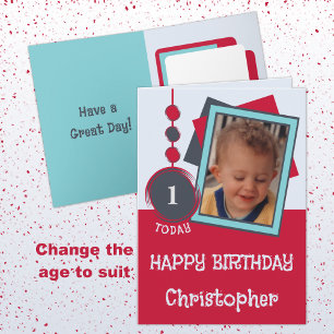 Carte Premier anniversaire 1 aujourd'hui nom photo rouge