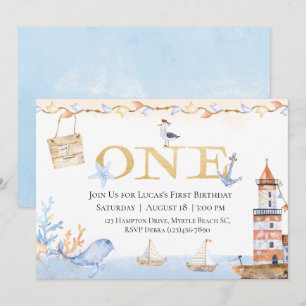 Carte Premier anniversaire Boys Nautical Blue Lighthouse