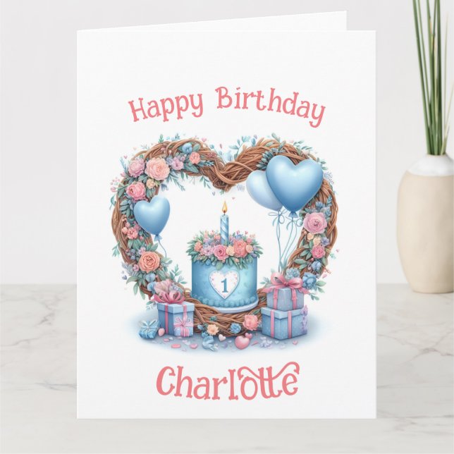 Carte Premier anniversaire de bébé - Couronne de fleurs  (Devant)