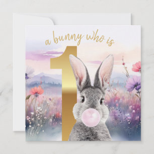 Carte Premier anniversaire de lapin soufflant de gomme r