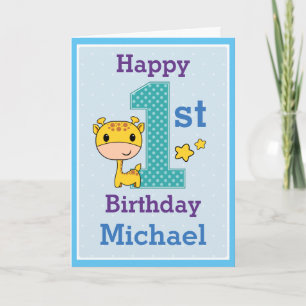 Carte Premier anniversaire garçon, Giraffe