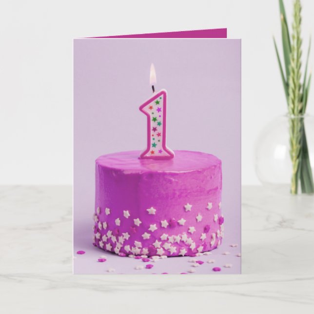 Carte Premier anniversaire gâteau rose et bougie (Devant)