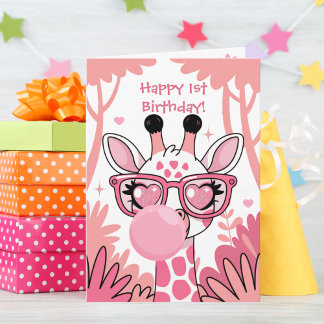 Carte Premier anniversaire Giraffe rose bulle mignonne d
