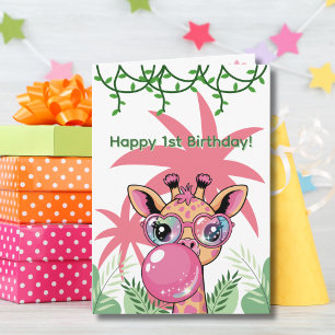 Carte Premier anniversaire Giraffe rose bulle mignonne d