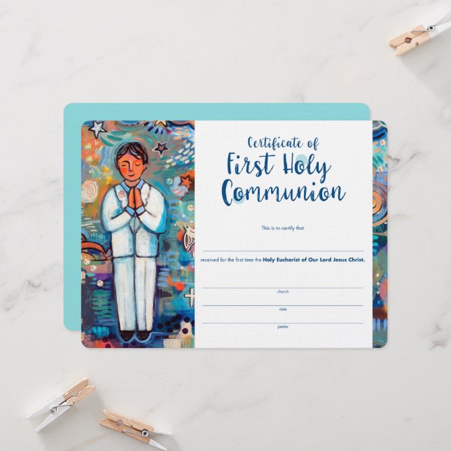 Carte Premier certificat de communion pour garçon cathol (Devant/Arrière en situation)