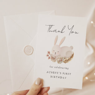 Carte Premier Merci d'anniversaire avec lapin dormant mi