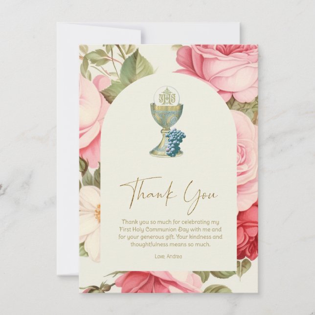 Carte Premier Merci de communion Roses roses roses (Devant)