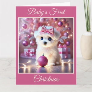 Carte Premier Noël du bébé chiot (rose)