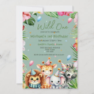 Carte Première Anniversaire Safari animal sauvage une fl