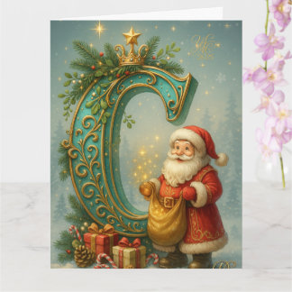 Carte Première C dorée avec Père Noël et Couronne