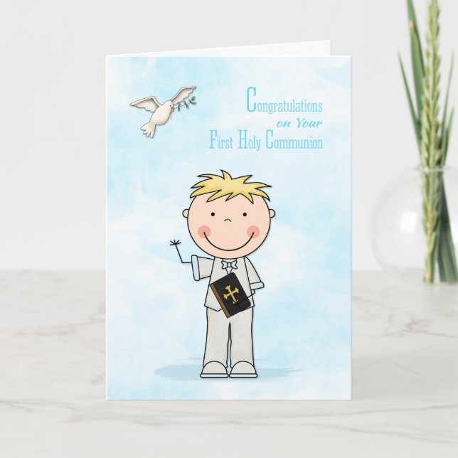 Carte Première Communion, Blonde Hair Boy, Félicitations (Devant)