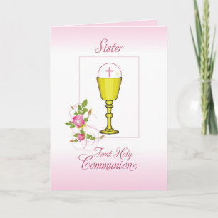 Carte Première communion de la sœur rose, calice, hostie
