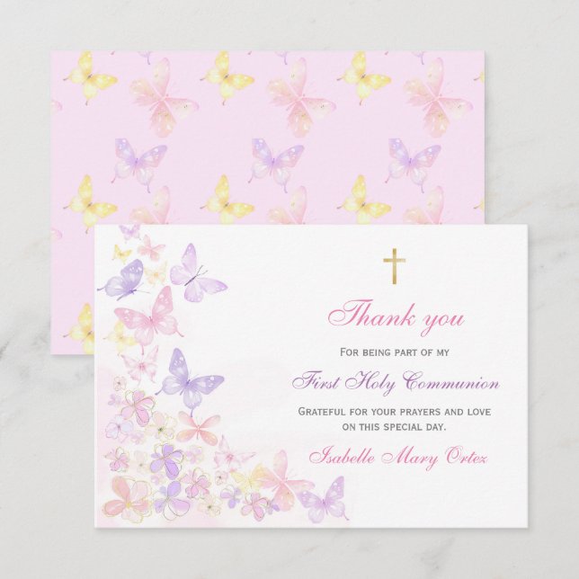 Carte Première communion Fille au papillon rose Merci (Devant / Derrière)