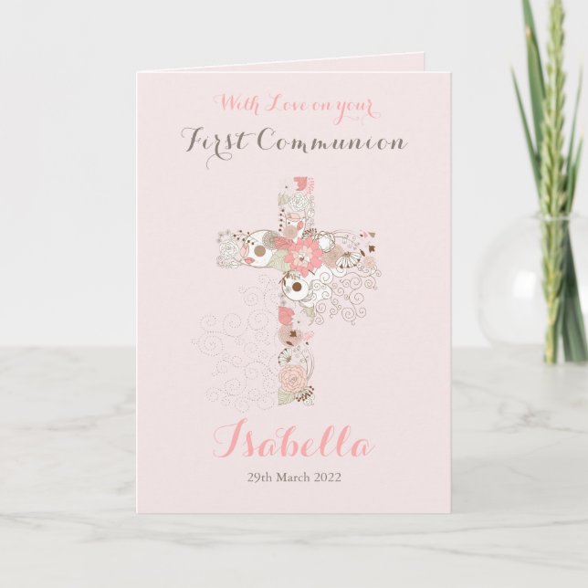 Carte Première communion rose pâle nom croisé (Devant)