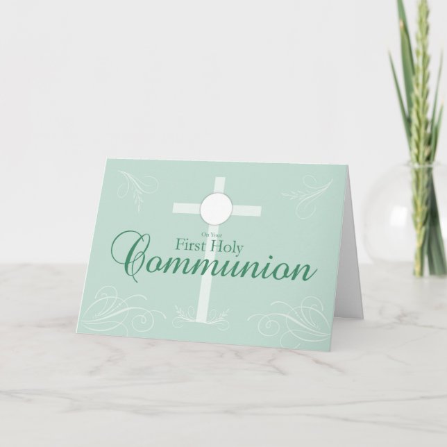 Carte Première Communion sainte, Script en vert tendre (Devant)