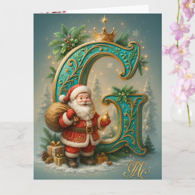 Carte Première G dorée avec Père Noël et Couronne (Orchidée)