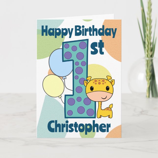 Carte Première girafe personnalisée pour 1er anniversair (Devant)