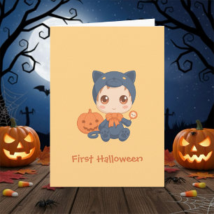 Carte Première Halloween mignonne bébé noir costume de c