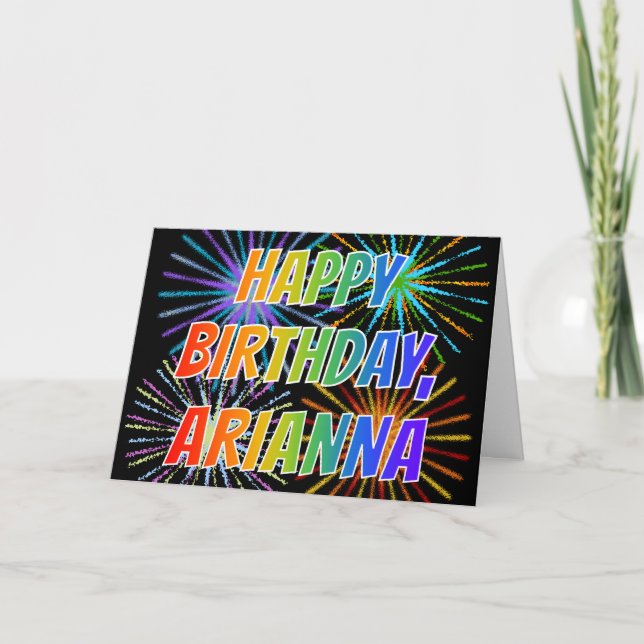Carte Prénom "ARIANNA" Fun "HEUREUX ANNIVERSAIRE" (Devant)
