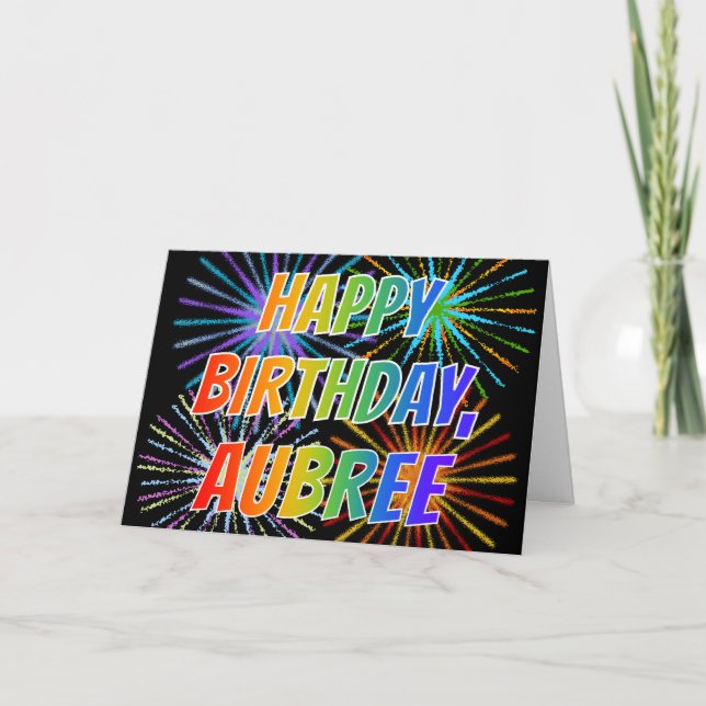 Carte Prénom "AUBREE" Fun "HEUREUX ANNIVERSAIRE" (Devant)