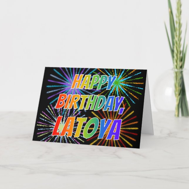 Carte Prénom "LATOYA" Fun "HEUREUX ANNIVERSAIRE" (Devant)