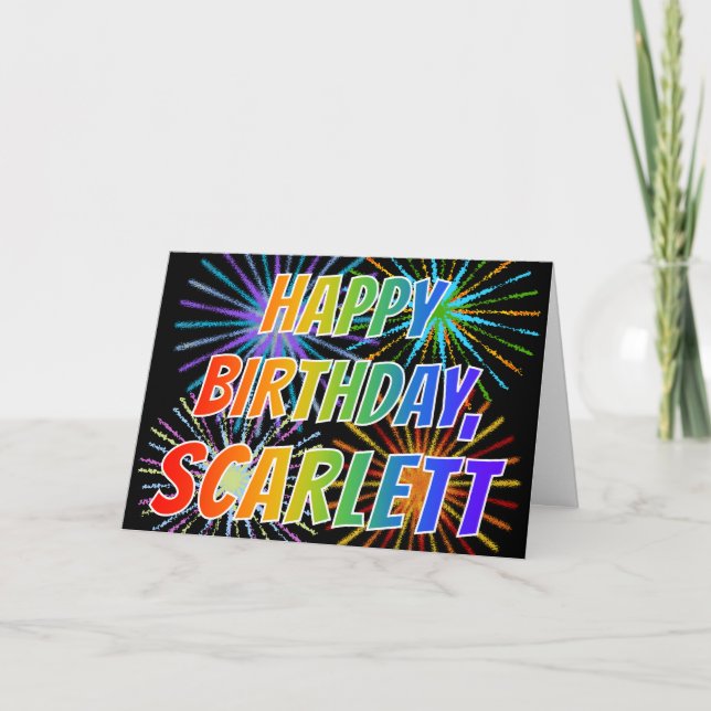 Carte Prénom "SCARLETT" Fun "HEUREUX ANNIVERSAIRE" (Devant)