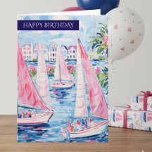 Preppy Pink Blue Tropical Sailboats Happy Birthday