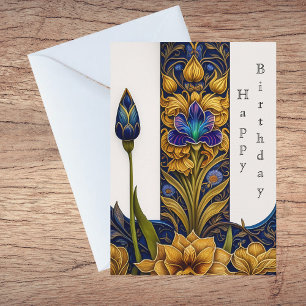 Carte Pretty Blue Flower Art Deco Illustration Birthday