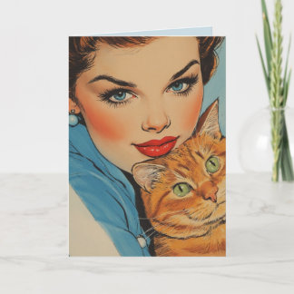 CARTE PRETTY GIRL WITH CAT BIRTHDAY RETRO GREETING CARD