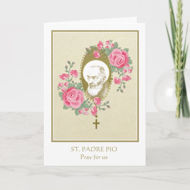 Carte Prière du prêtre Saint Padre Pio Rosaire Rose (Devant)