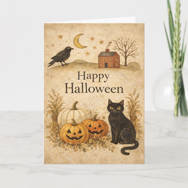 Carte Primitive Black Cat Folk Art Halloween (Devant)