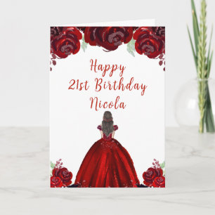 Carte Princesse aux Cheveux Bruns Fleurs Florales Rouges