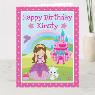 Carte Princesse brune avec château et anniversaire arc-e