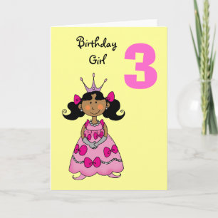 Carte princesse de 3 ans (cheveux noirs)
