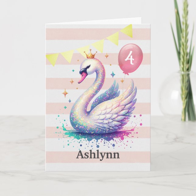 Carte Princesse de cygne rose et or 4e anniversaire (Devant)