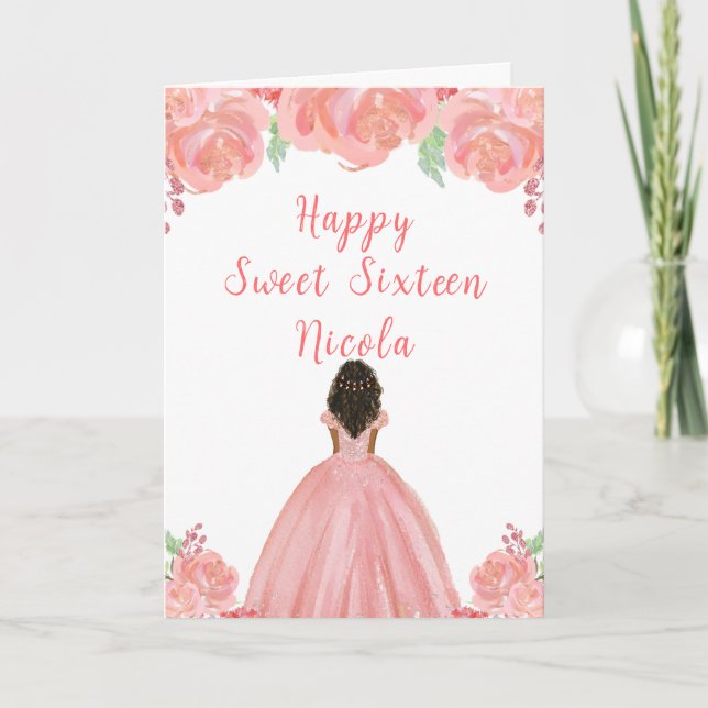 Carte Princesse de peau foncée Sweet sixteen rose (Devant)