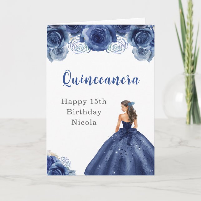 Carte Princesse en robe bleue marine Anniversaire Quince (Devant)