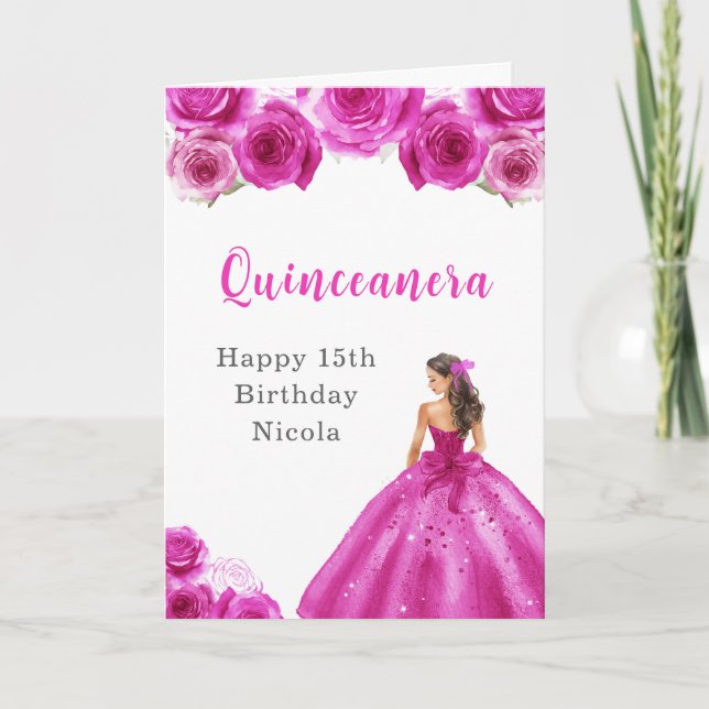 Carte Princesse en Robe Rose Chaude Anniversaire Quincea (Devant)