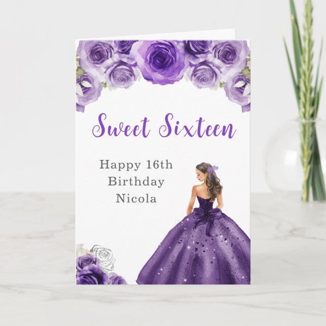 Carte Princesse en Robe violette Sweet sixteen Anniversa (Devant)