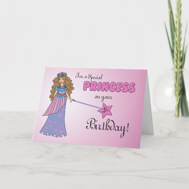 Carte Princesse rose du 5e anniversaire avec baguette à  (Devant)