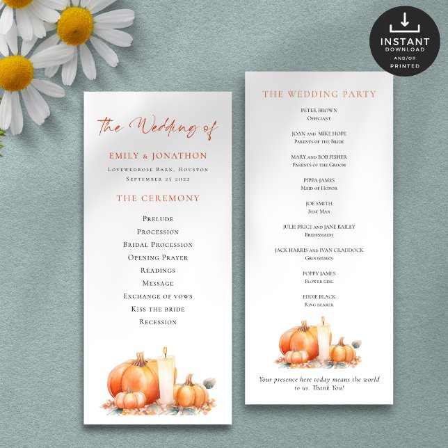 Carte Printable Automne Citrouille Candle Wedding Progra (Front and back view)