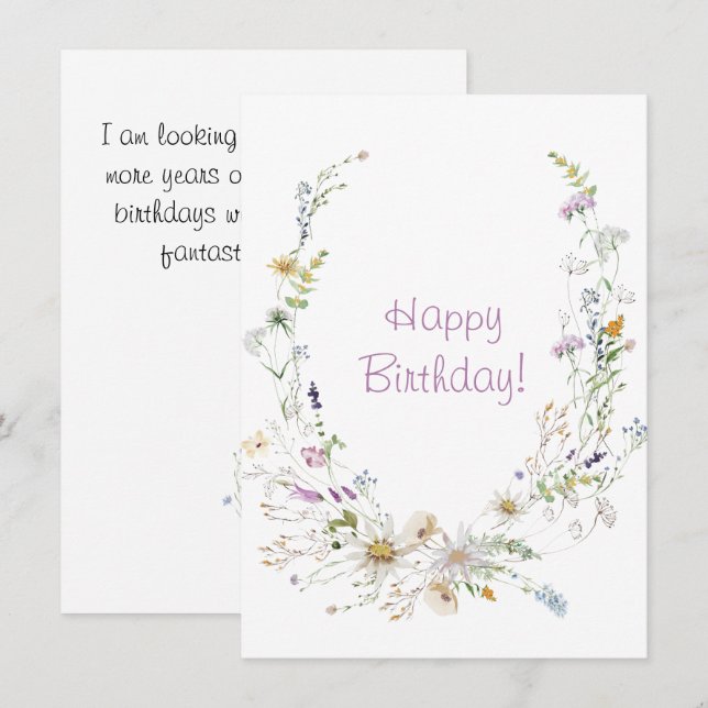 Carte Printemps aquarelle Fleurs sauvages heureux annive (Devant / Derrière)