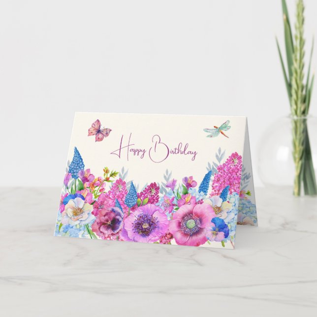 Carte Printemps de fleurs bleu pourpre (Devant)