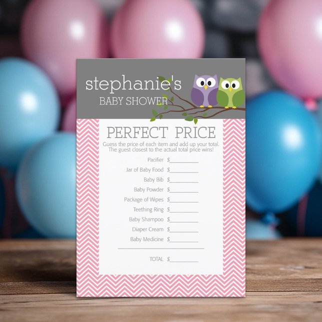 Carte Prix Parfait - Jeux de douche Chouette rose Fille (Custom Shower Game)