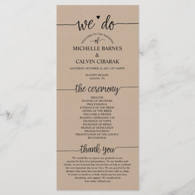 Carte programme de mariage conception calligraphie (Devant)