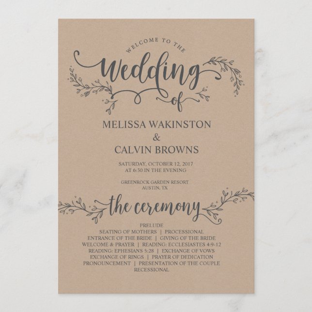 Carte programme de mariage kraft rustique (5x7 pou (Devant)