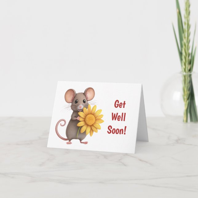 Carte Prompt rétablissement joli souris avec fleur jaune (Devant)